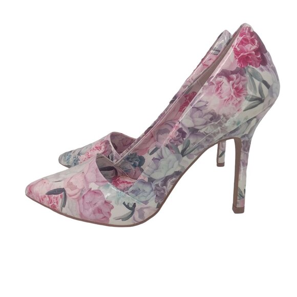 Elle Jonie Patent Floral Print Stiletto Heels 9 Pumps Asymmetrical Vamp Pink - Picture 5 of 10